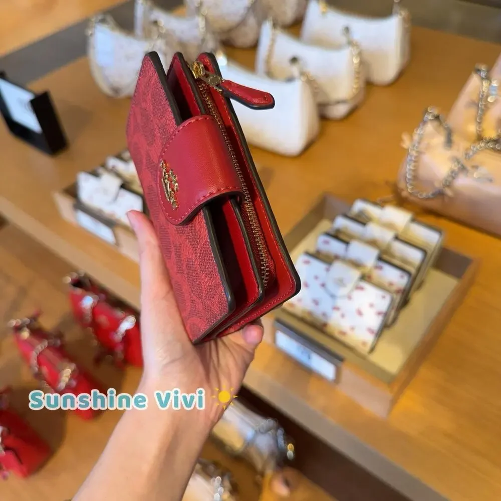 NWT Coach Medium Corner Zip Wallet In Signature Canvas CW786 IM/CRIMSON